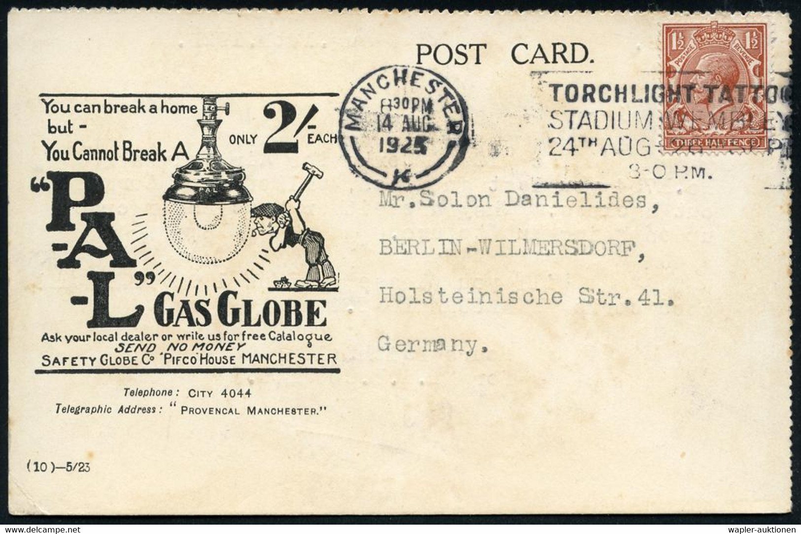 GROSSBRITANNIEN 1925 (Aug.) MWSt: MANCHESTER/K/TORCHLIGHT TATOO/STADIUM WEMBLEY.. (Fackel-Festival) Auf Reklame-Kt. : Un - Gaz