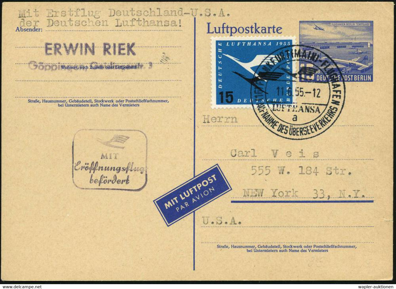 (16) FRANKFURT (MAIN)-FLUGHAFEN/ A/ LUFTHANSA/ AUFNAHME DES ÜBERSEEVERKEHRS 1955 (11.6.) SSt Auf Berlin LP 15 Pf. Tempel - Other (Air)