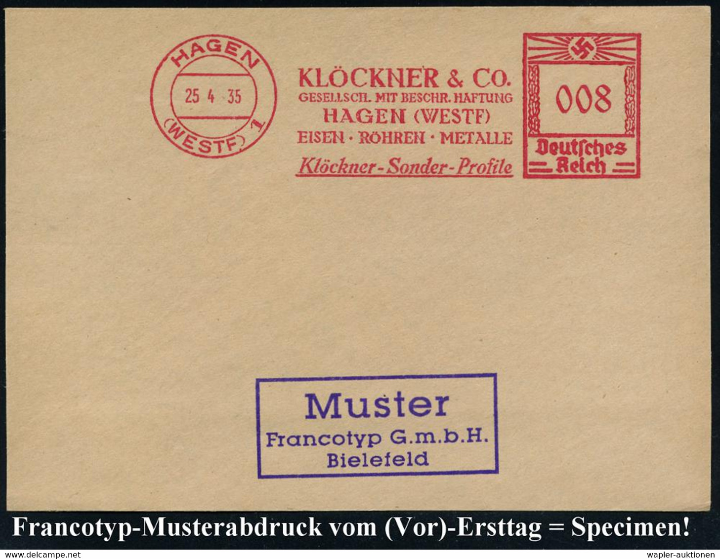 HAGEN/ (WESTF.) 1/ KLÖCKNER & CO../ EISEN-RÖHREN-METALLE/ Klöckner-Sonder-Profile 1935 (25.4.) AFS-Musterabdruck Francot - Autres & Non Classés
