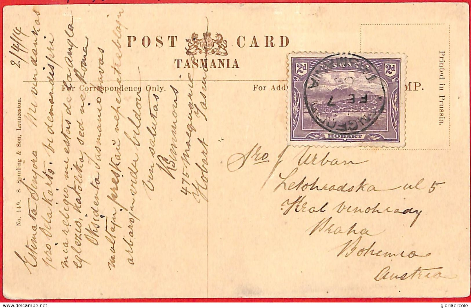 Aa2311 - AUSTRALIA:   TASMANIA  - Postal History - POSTCARD To BOHEMIA Cz 1914 - Storia Postale