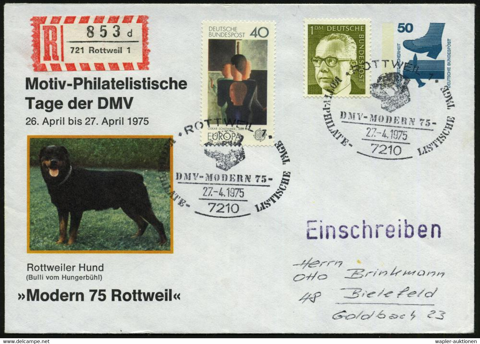 7210 ROTTWEIL 1/ DMV-MODERN 75.. 1975 (27.4.) SSt = Kopf Eines Rottweiler-Hundes Auf Motivähnl. PU 50 Pf. Unfall: Rottwe - Perros