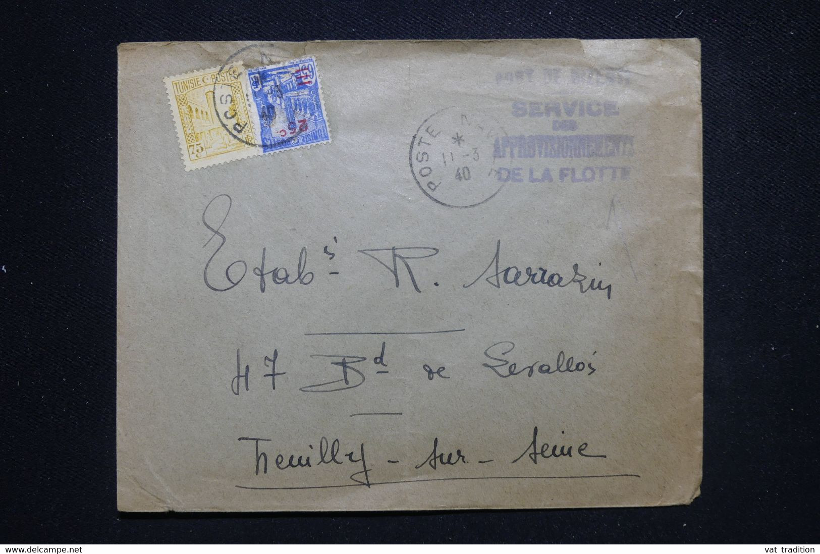 TUNISIE - Enveloppe Avec Cachet Du Service D’Approvisionnements De La Flotte En 1940 Pour La France - L 97190 - Autres & Non Classés