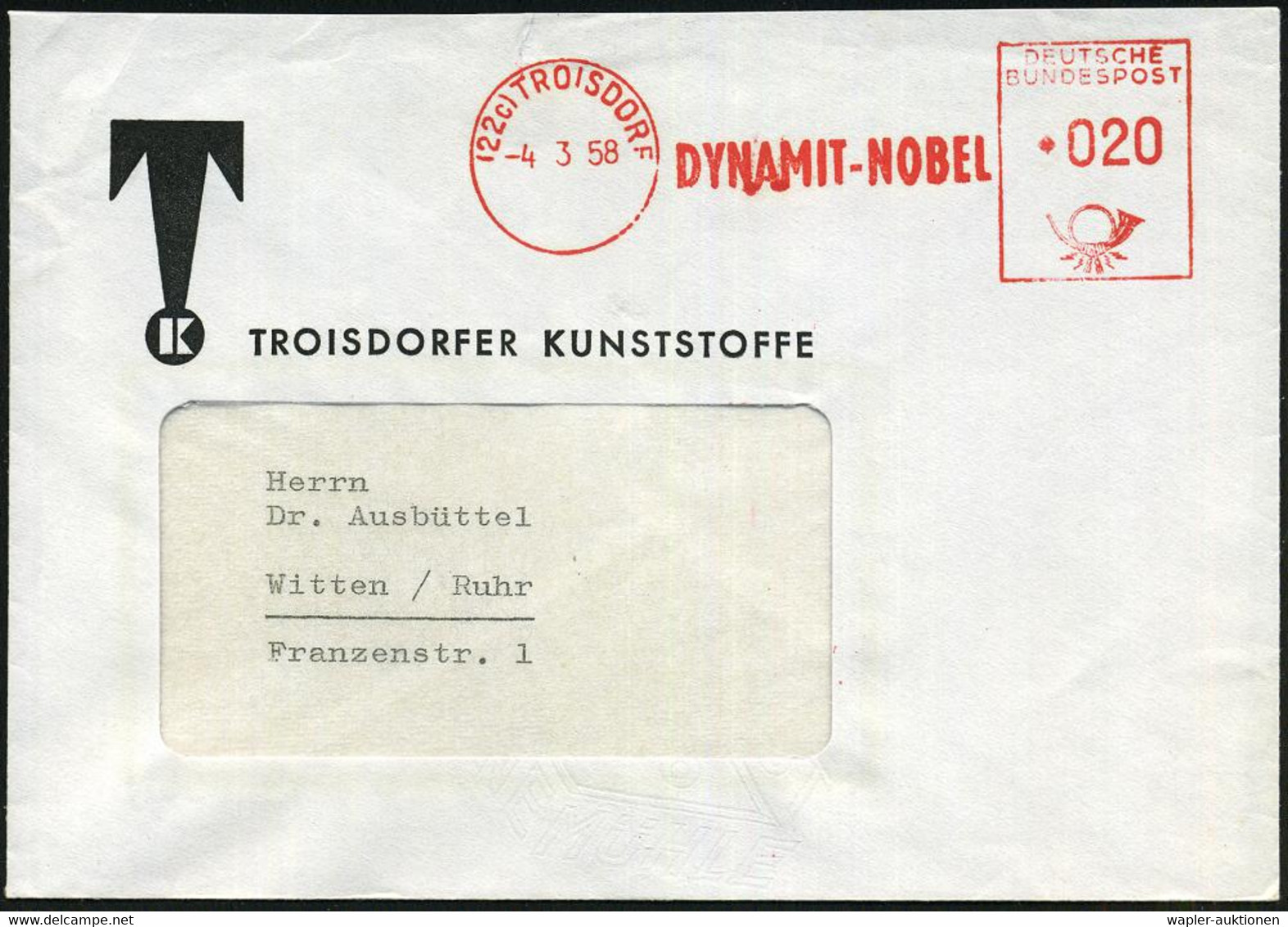 (22c) TROISDORF/ DYNAMIT-NOBEL 1958 (4.3.) AFS , Rs. Abs.-Vordruck: "..vormals Alfred Nobel & Co." (berühmte Munitions-F - Prix Nobel