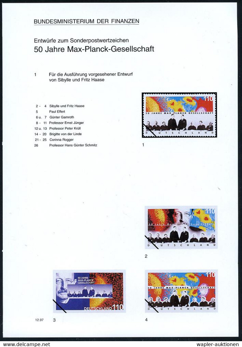B.R.D. 1997 (Dez.) 110 Pf. "50 Jahre Max-Planck-Gesellschaft", 26 Verschied. Color-Entwürfe Der Bundesdruckerei Auf 5 En - Prix Nobel
