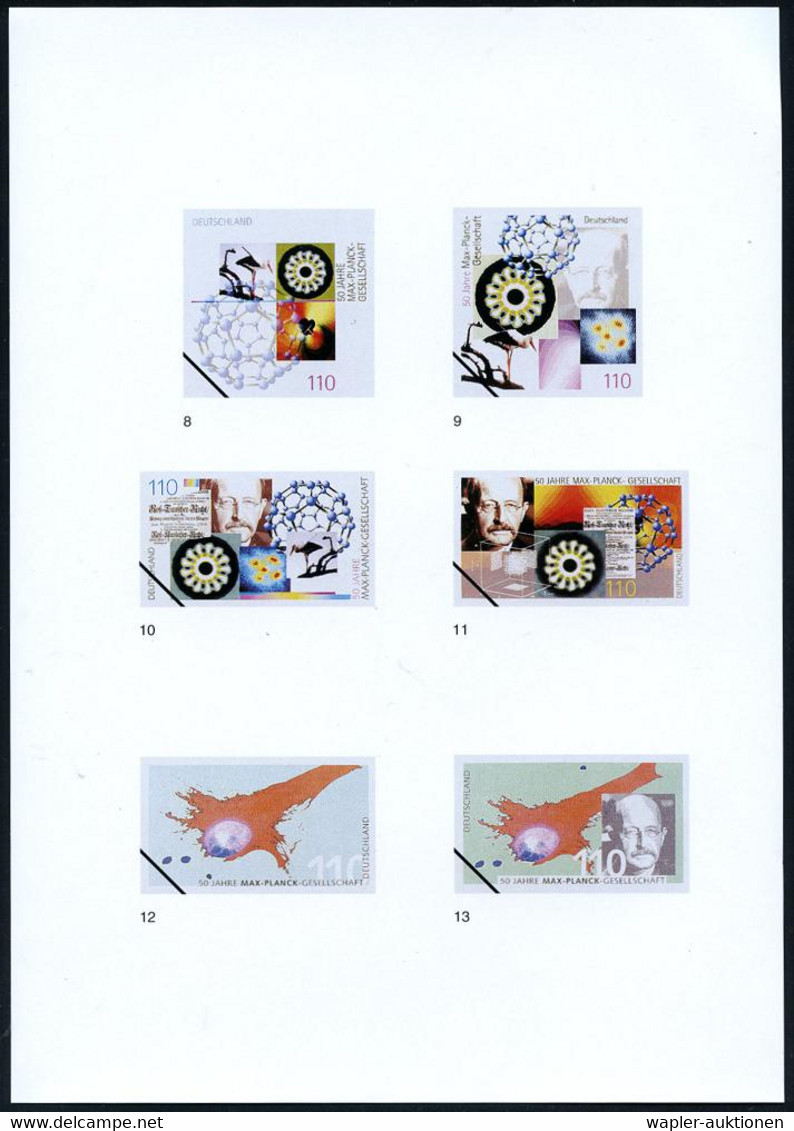 B.R.D. 1997 (Dez.) 110 Pf. "50 Jahre Max-Planck-Gesellschaft", 26 Verschied. Color-Entwürfe Der Bundesdruckerei Auf 5 En - Prix Nobel