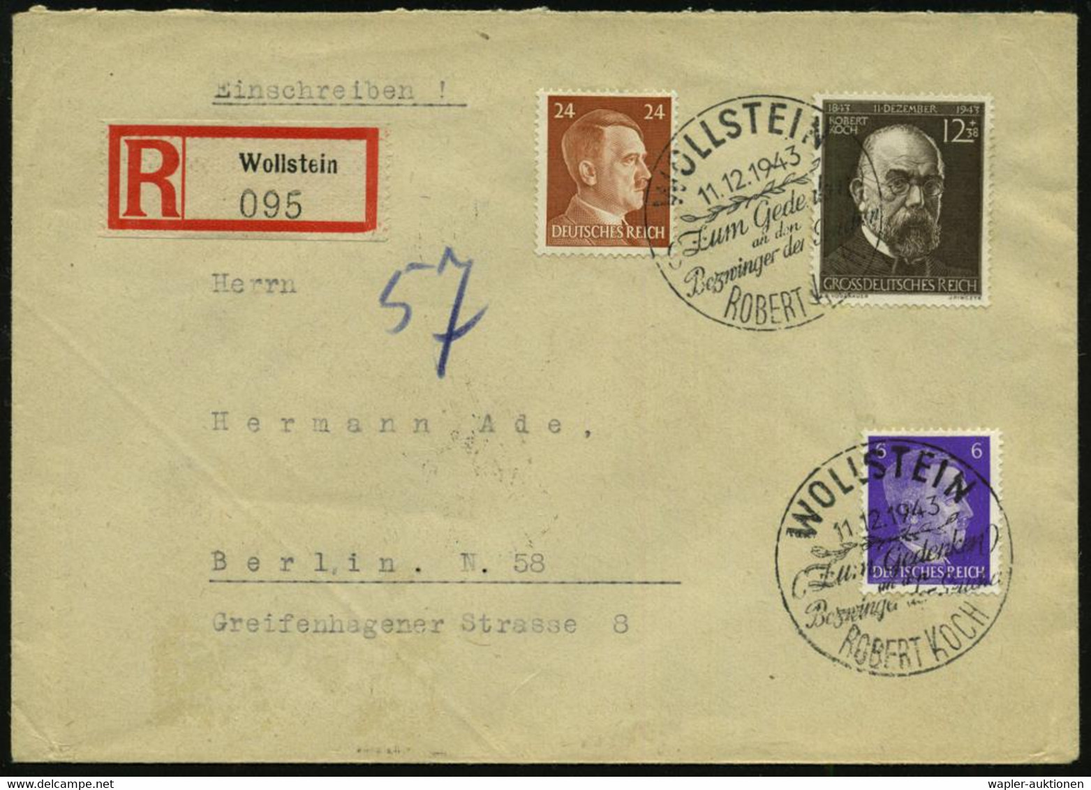 WOLLSTEIN/ ..Bezwinger D.Seuchen/ ROBERT KOCH 1943 (11.12.) SSt Auf 12 + 38 Pf. Robert Koch + Zusatzfrankat. (Mi.864 U.a - Medicina