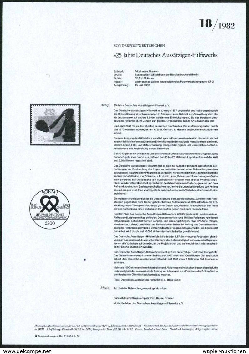 B.R.D. 1982 (Juli) 80 Pf. "25 Jahre Lepra-Hilfswerk" Mit Amtl. Handstempel  "M U S T E R" , Postfr. + Amtl. Ankündigungs - Ziekte