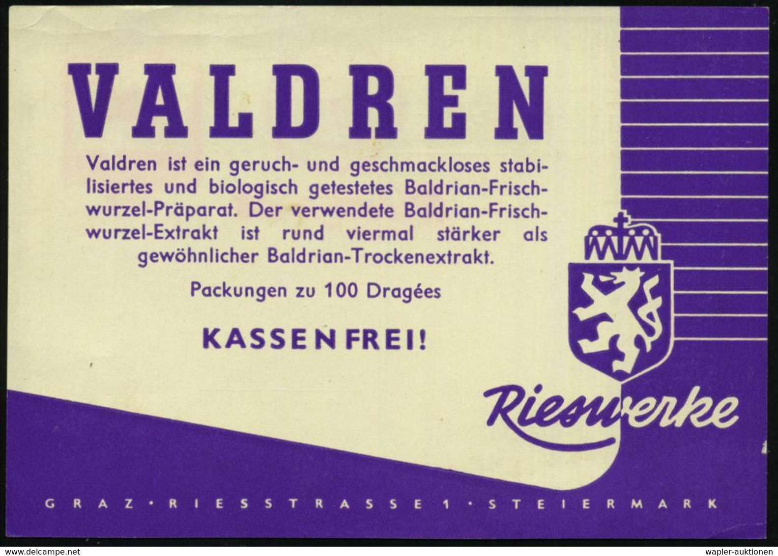 ÖSTERREICH 1960 (15.9.) AFS: GRAZ 1/Rieswerke Auf Reklame-Kt.: SEDATIVUM VALDREN (= Baldrian-Frischwurzel-Präparat) Inl. - Geneeskunde