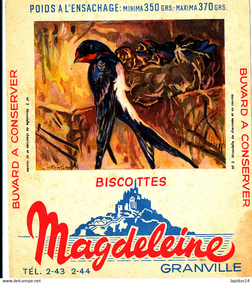 BU 2284 /   BUVARD-   BISCOTTES  MAGDELEINE    N° 3 HIRONDELLE DE CHEMINEE (14,00 Cm X 16,00 Cm ) - Biscottes