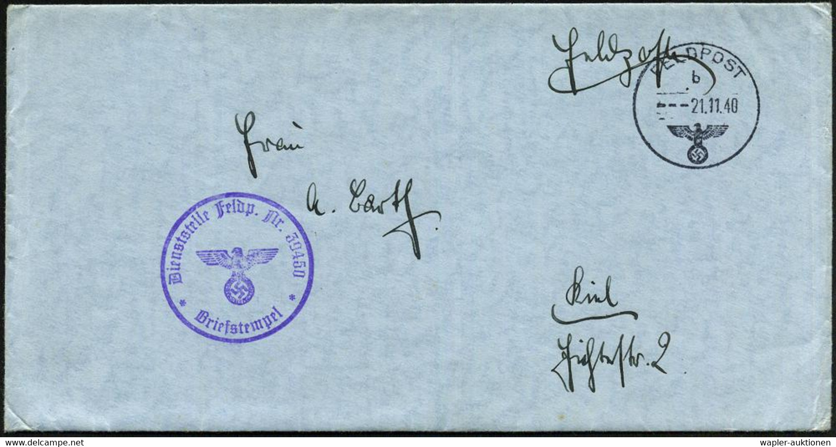 DT.BES.NORWEGEN 1940 (21.11.) 1K: FELDPOST/b/--- + Viol. 1K-HdN: Dienststelle Feldp. Nr. 39450 = Kommandantur Der See-Ve - Maritime