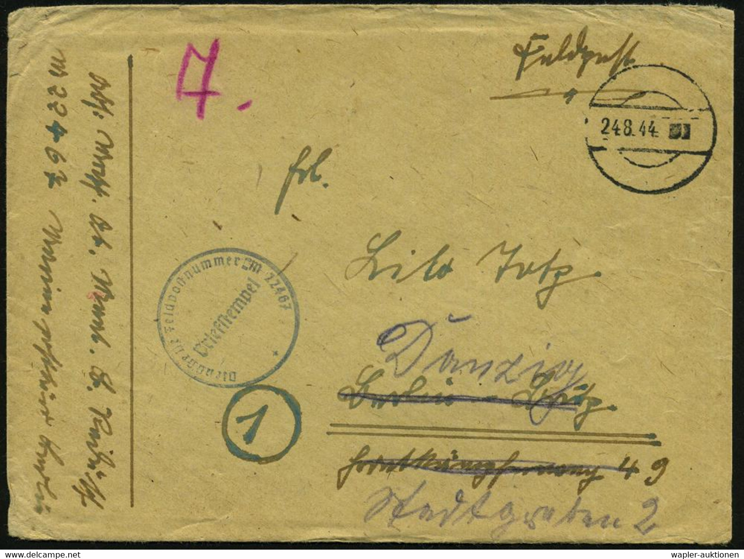 DEUTSCHES REICH /  FRANKREICH 1944 (24.8.) Aptierte 1K-Brücke = Tarnstempel + Blauer 1K-HdN: .. Feldpostnr. M 22467 = Mi - Maritiem