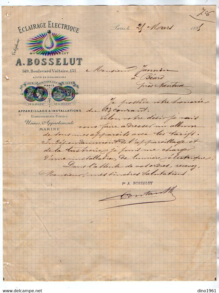 VP18.092 - 1895 - Lettre - Lampe / Eclairage Electrique A. BOSSELUT à PARIS Boulevard Voltaire - Electricidad & Gas