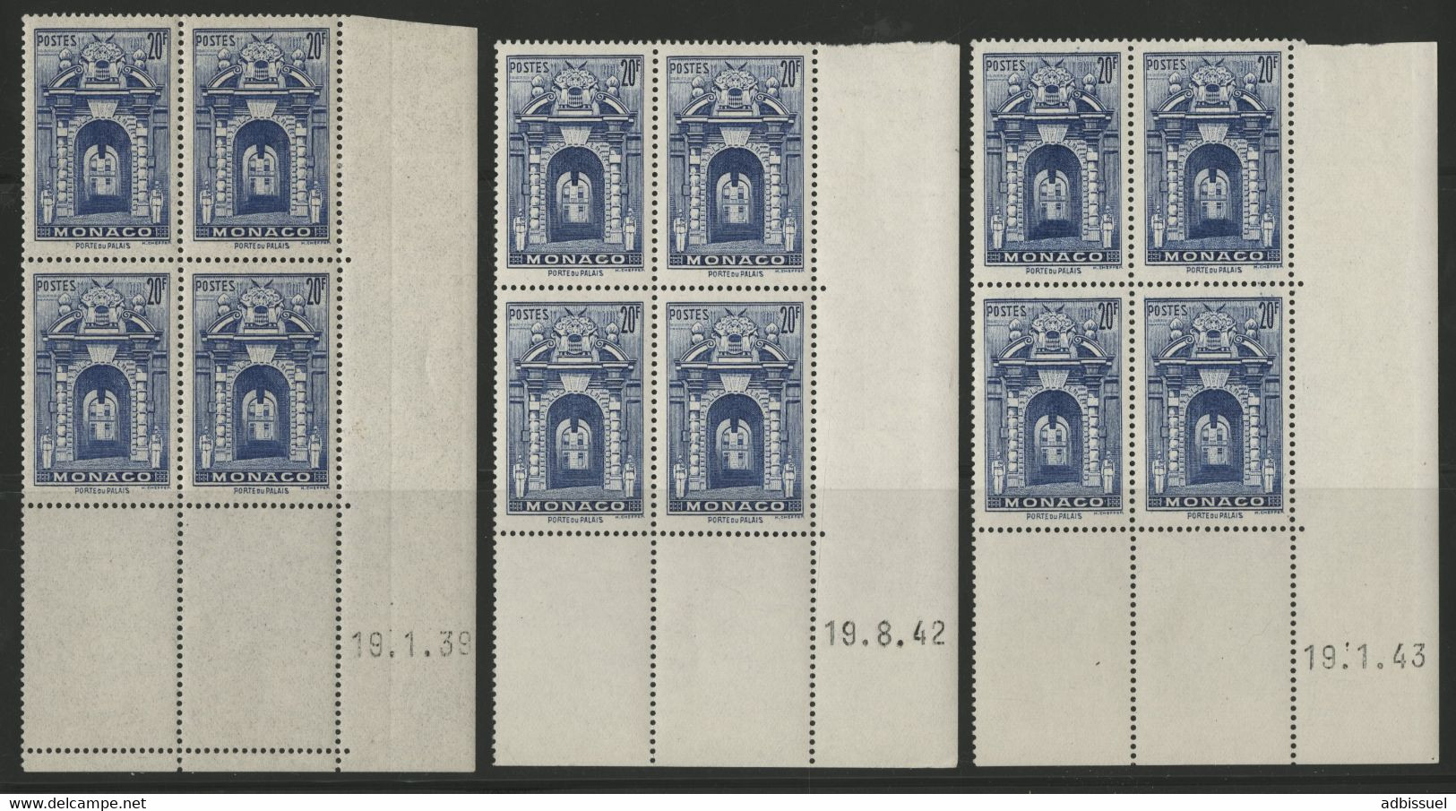 MONACO N° 183 Trois Blocs De 4 Avec Coins Datés Du 19/1/39, 19/8/42 Et 19/1/43 Neufs Sans Charnière ** (MNH) - Ungebraucht