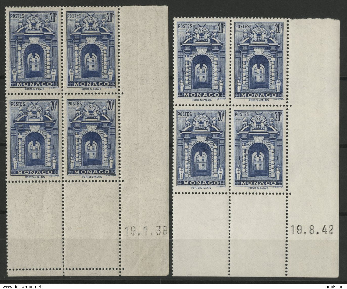 MONACO N° 183 Deux Blocs De 4 Avec Coins Datés Du 19/1/39 Et 19/8/42 Neufs Sans Charnière ** (MNH) - Nuevos