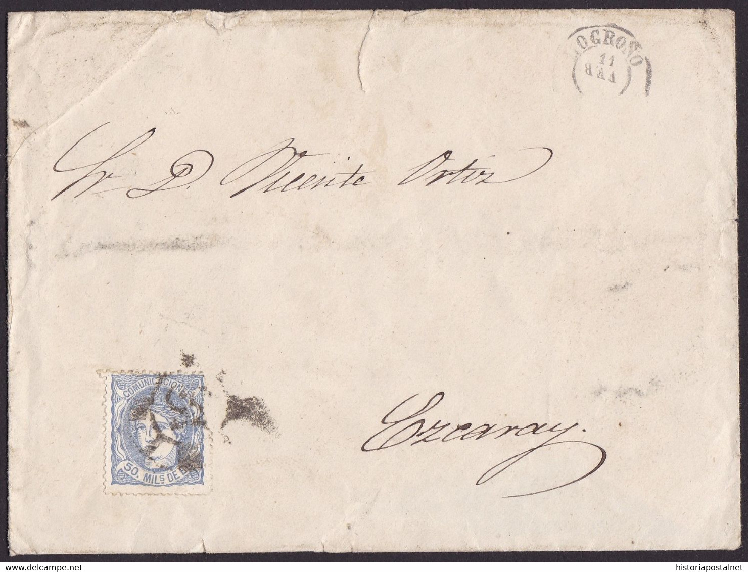 1870. LOGROÑO A EZCARAY. 50 MILS. ULTRAMAR ED. 107 MAT. RC 33 MODIFICADA. FECHADOR VARIEDAD AUSENCIA AÑO. MUY RARO. - Briefe U. Dokumente