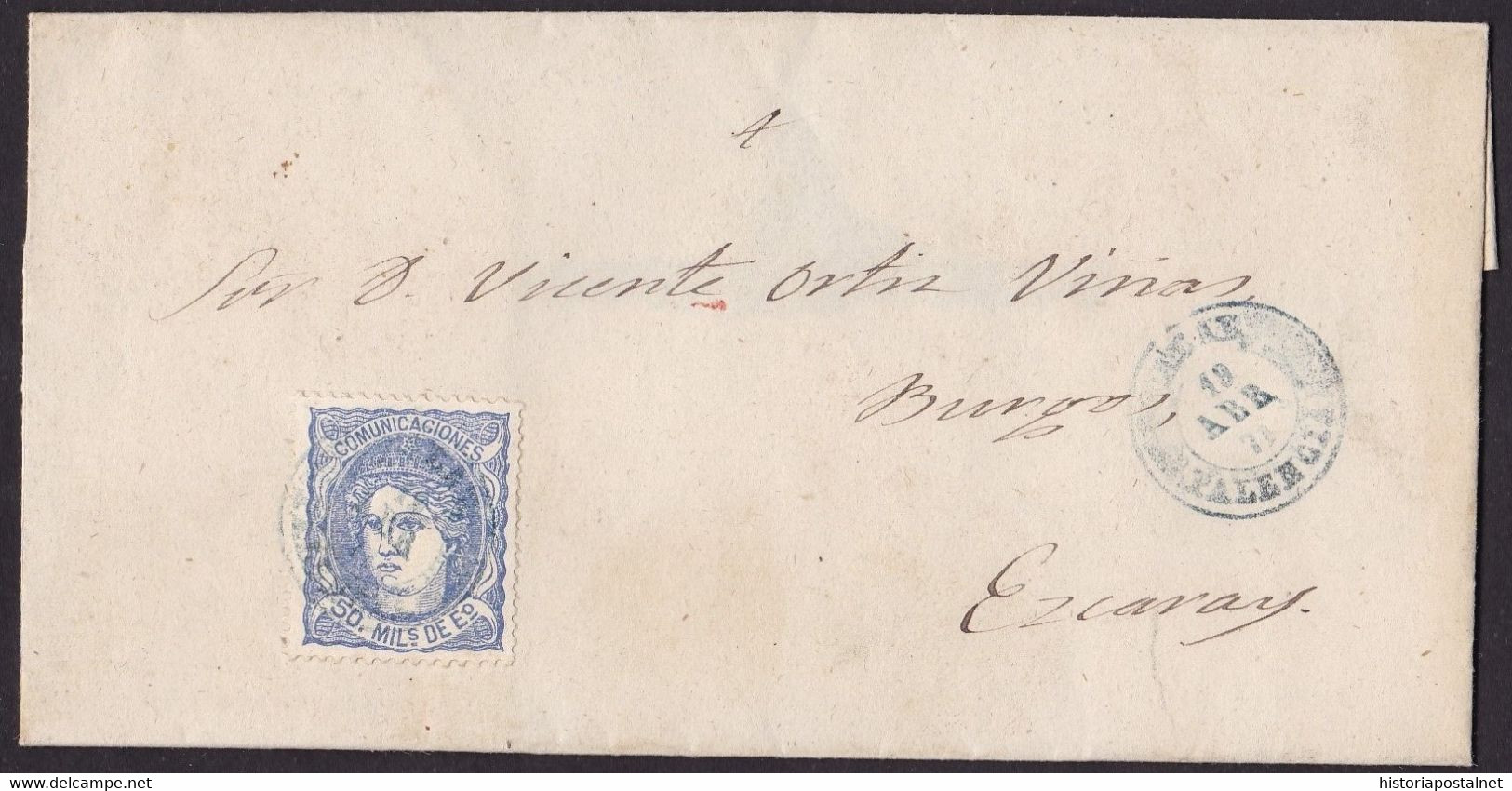 1871. ALAR A EZCARAY. 50 MILS. ULTRAMAR ED. 107 MAT. FECHADOR TIPO II ALAR/PALENCIA AZUL. MUY BONITA ENVUELTA. - Storia Postale