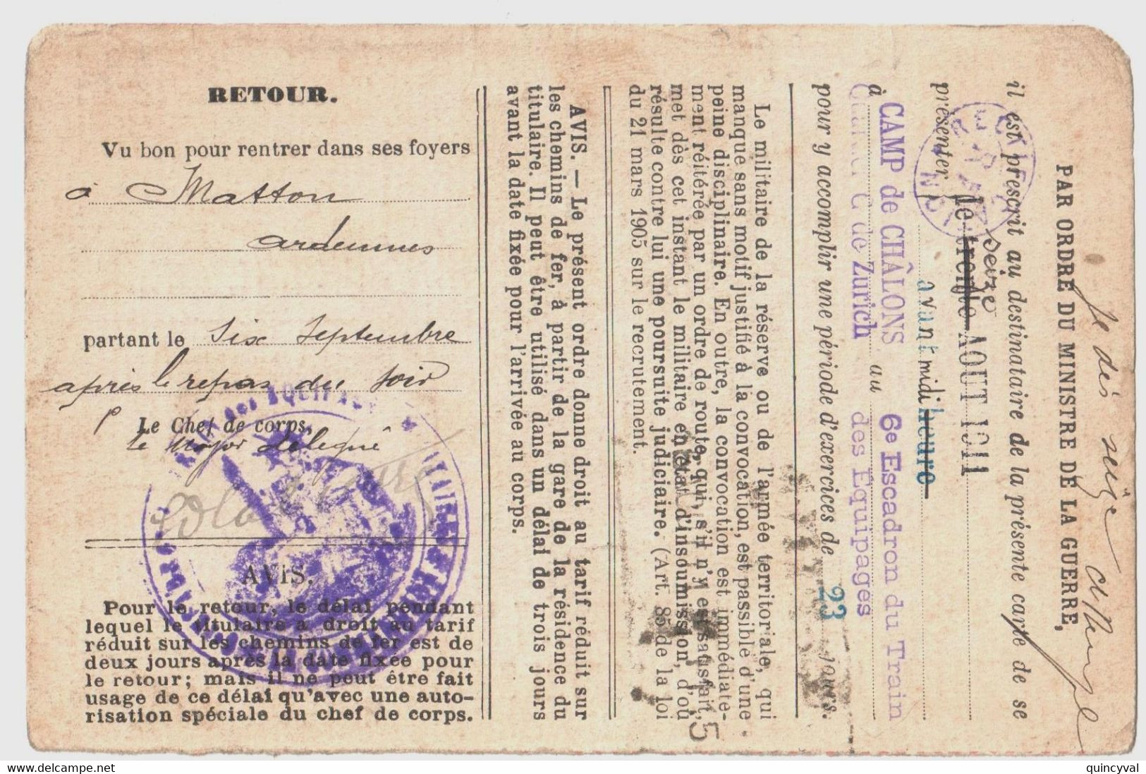 MATTON Et CLEMENCY Ardennes Carte Postale Militaire Franchise FM APPEL Sous Les Drapeaux MEZIERES Recrutement Ob 1911 - Cartas & Documentos