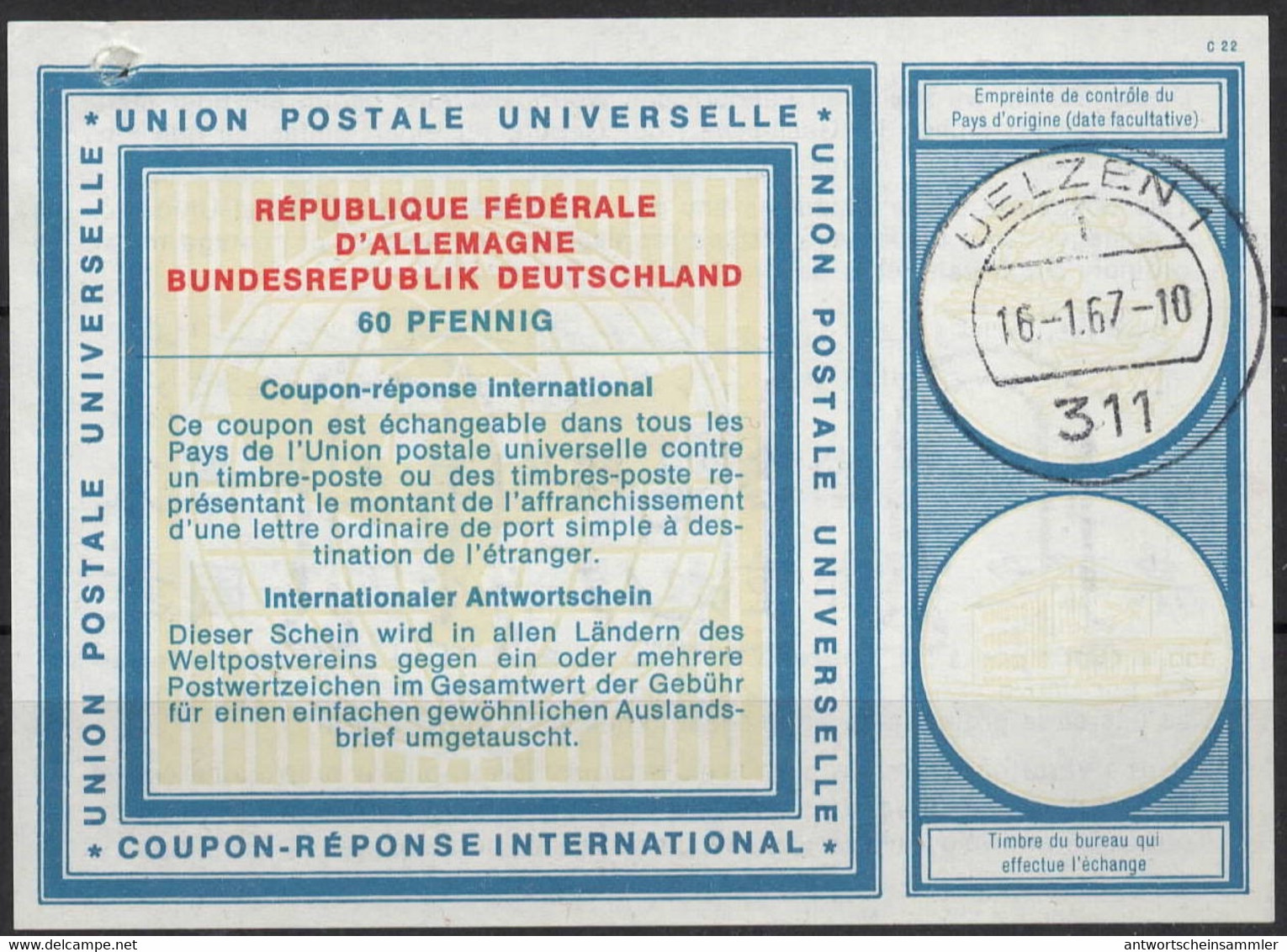 ALLEMAGNE GERMANY  INVERTED WATERMARK  Vi18 60 PF.  Int. Antwortschein Reply Coupon Reponse IAS IRC O UELZEN 16.1.67 - Other & Unclassified