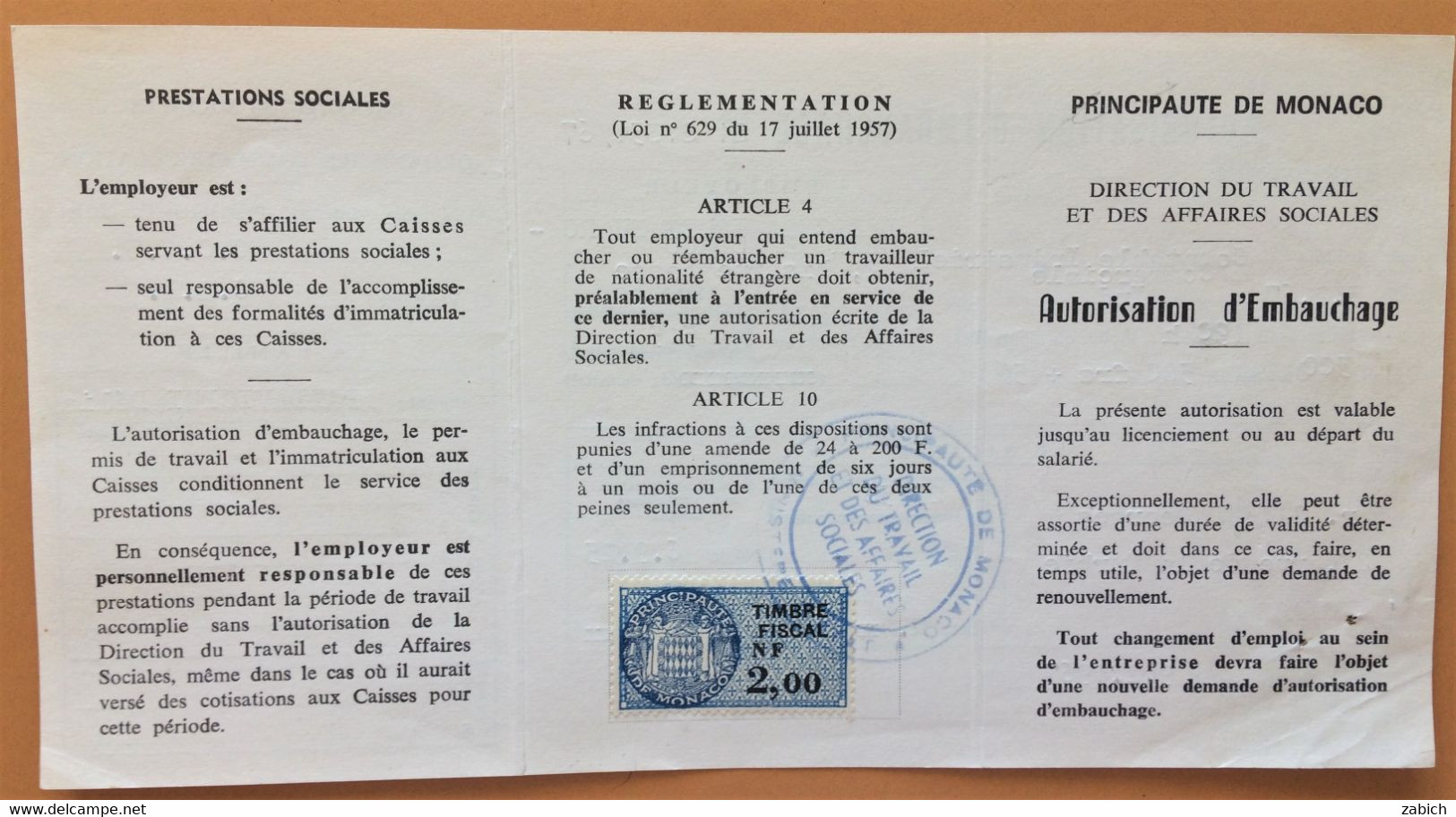 FISCAUX DE MONACO SERIE UNIFIEE  N°35 2NF BLEU Sur Autorisation D'embauche Du 9 Fevrier 1967 (usage Tardif) - Revenue