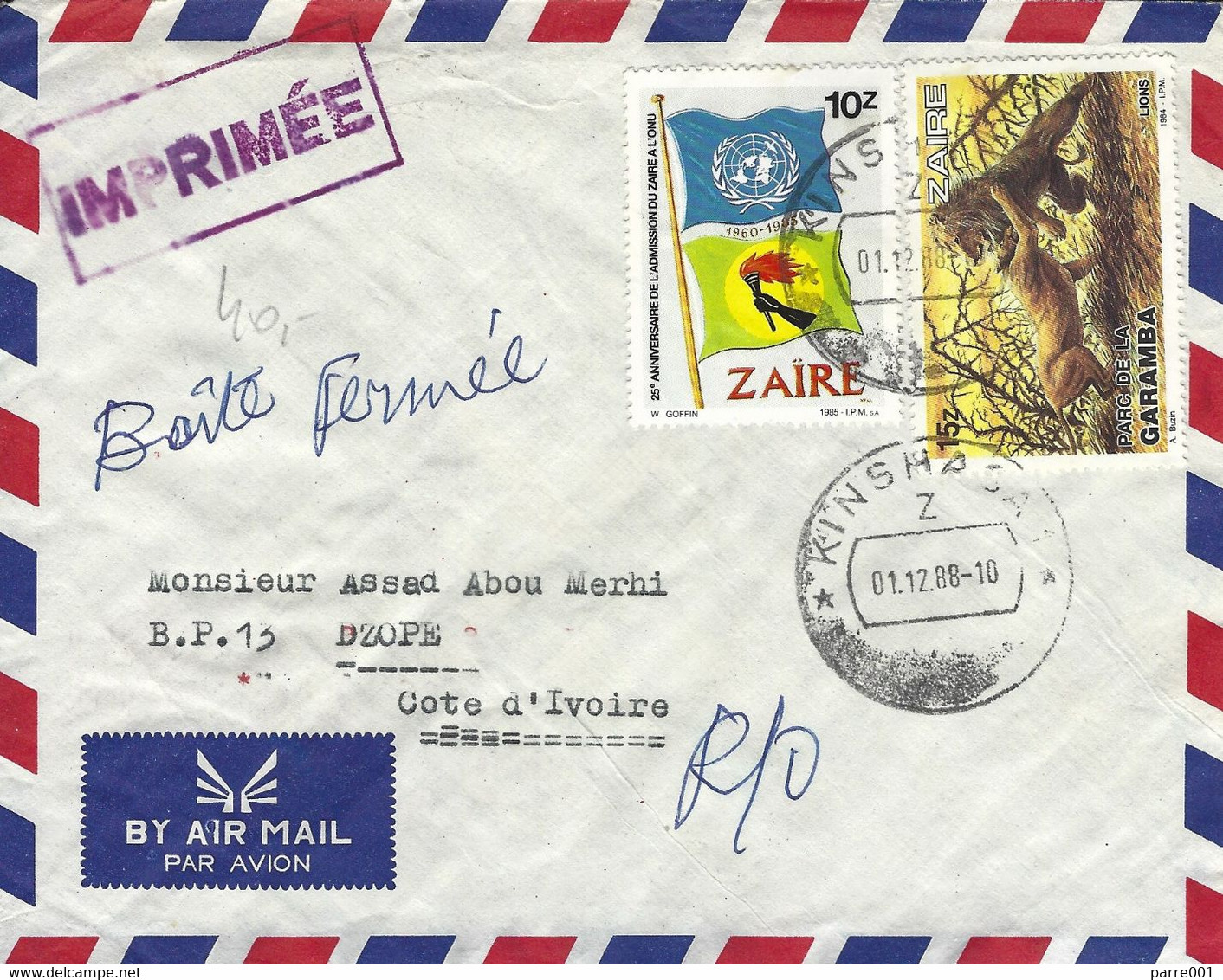 Zaire Congo 1988 Kinshasa Lions Garamba Park Buzin Flag Returned Cover - Roofkatten