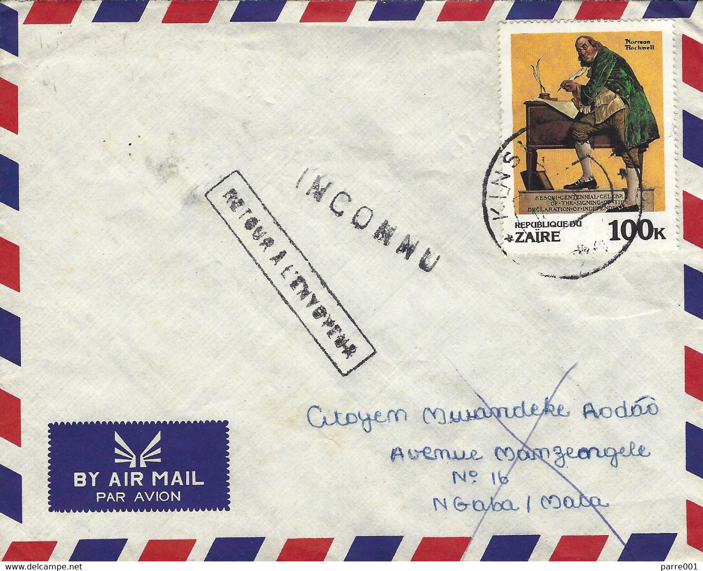 Zaire Congo 1983 Kinshasa 16 Norman Rockwell Inconnu Instructional Handstamp Returned Cover - Used Stamps