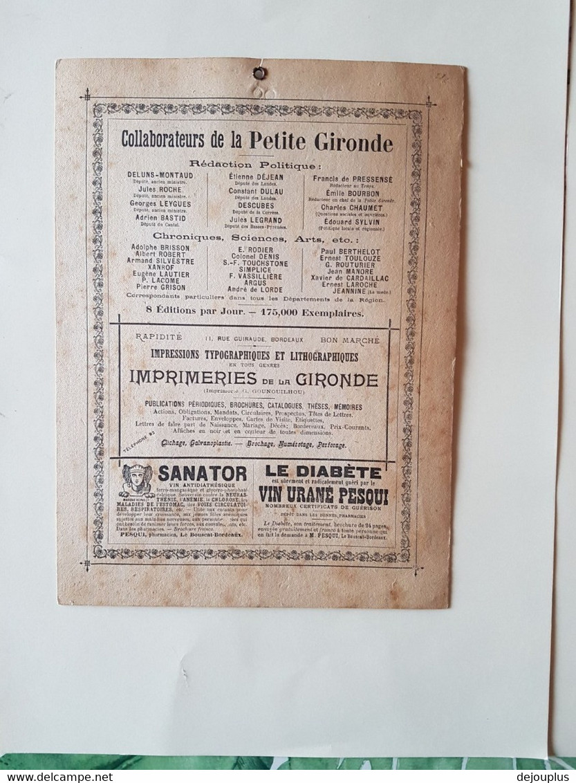 CALENDRIER  PUBLICITAIRE  1898  JOURNAL  LA  PETITE  GIRONDE  BORDEAUX - Formato Grande : ...-1900