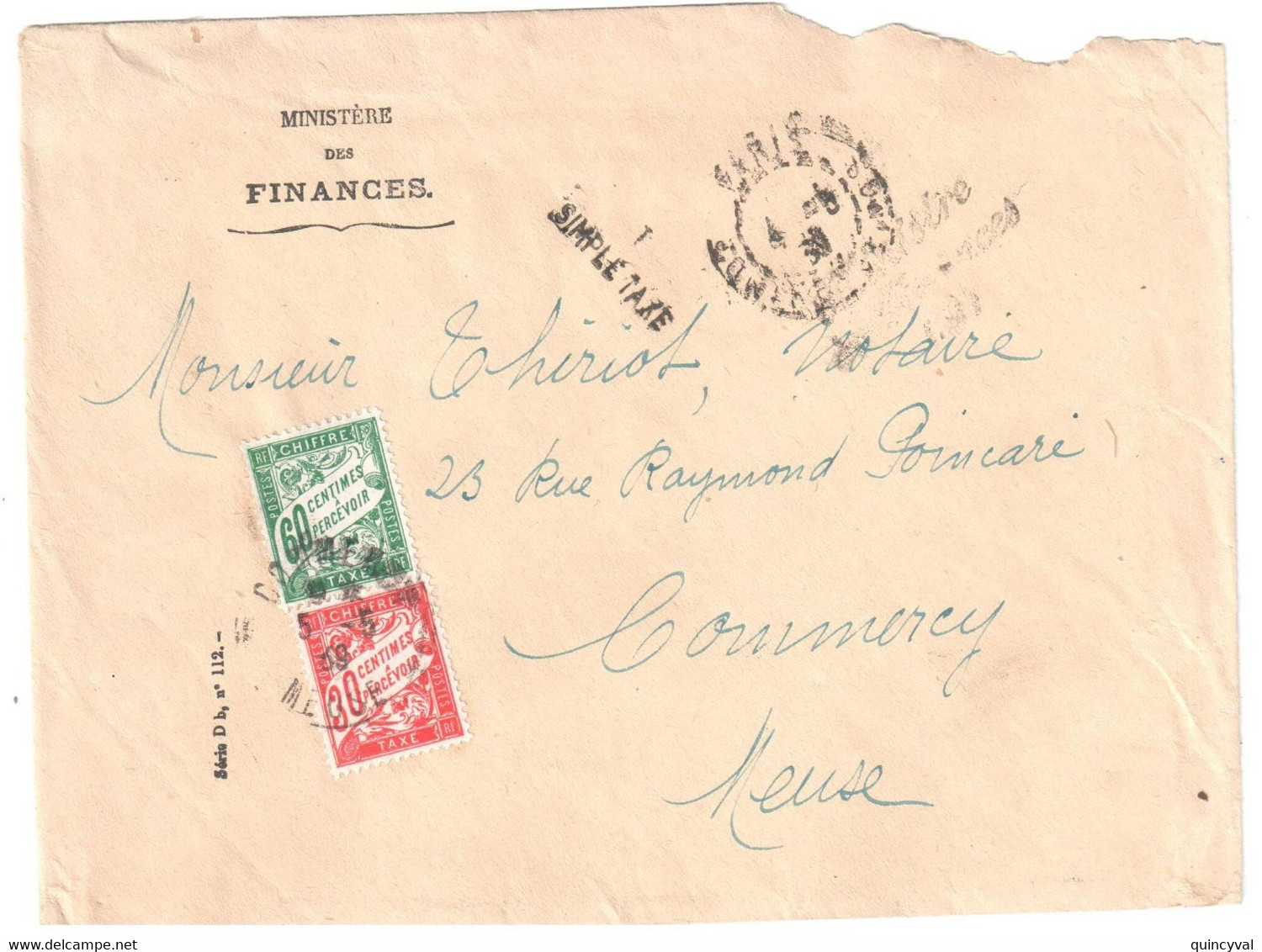 COMMERCY Meuse Lettre En Simple Taxe Ministère Des Finances Taxe Banderole 60c Vert 30c Rouge Yv T 33 38 Ob 5 5 1939 - 1859-1959 Storia Postale