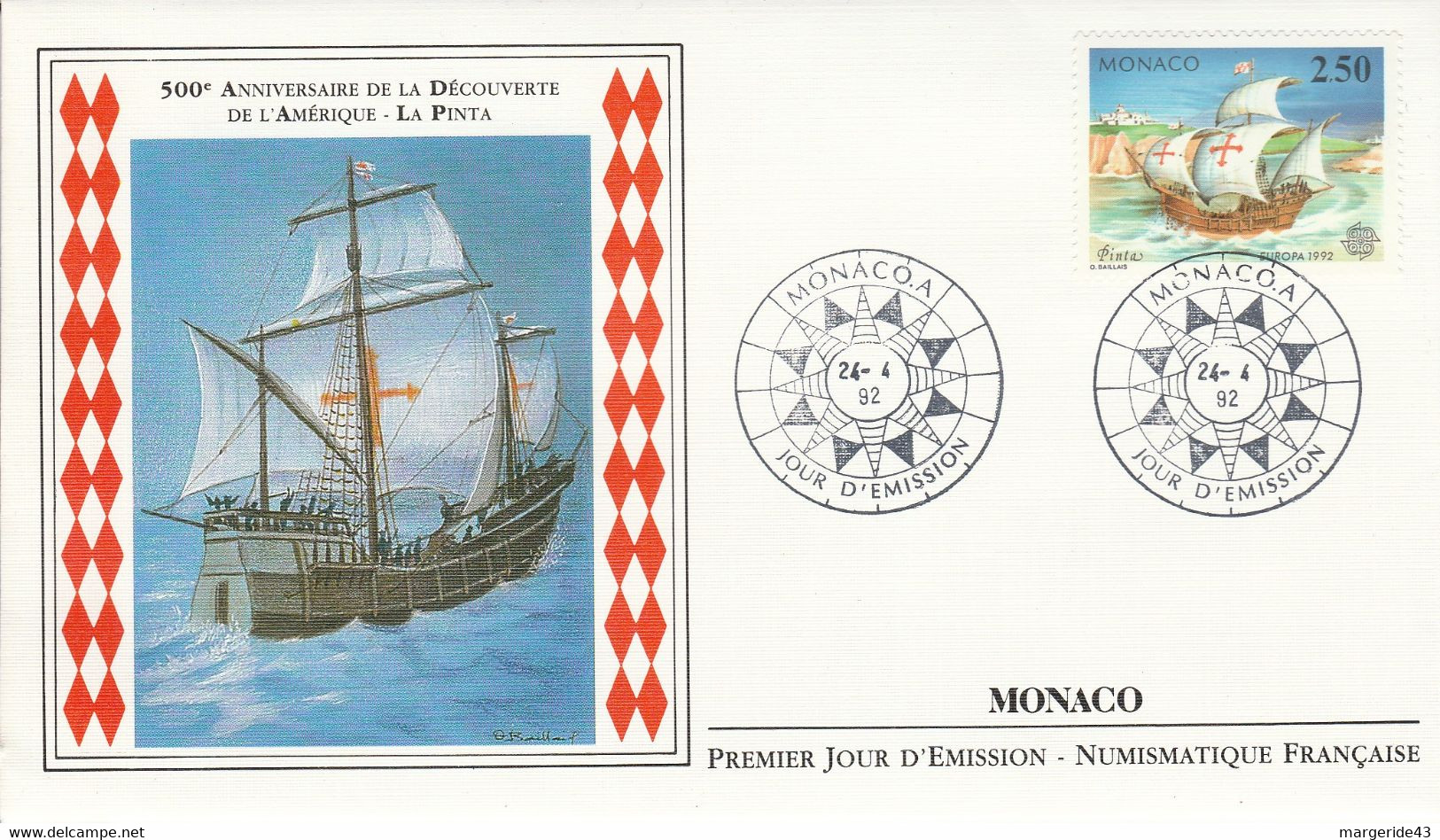 MONACO FDC 1992 EUROPA - SERIE NAVIRES DE CHRISTOPHE COLOMB - FDC