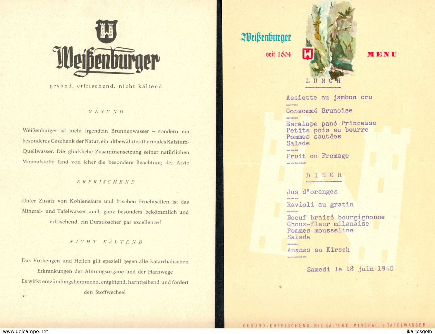 Menükarte 1960  Schweiz Suisse Svizzera " Weißenburger Tafelwaser Weissenburg Mineralthermen Thun AG " - Menus