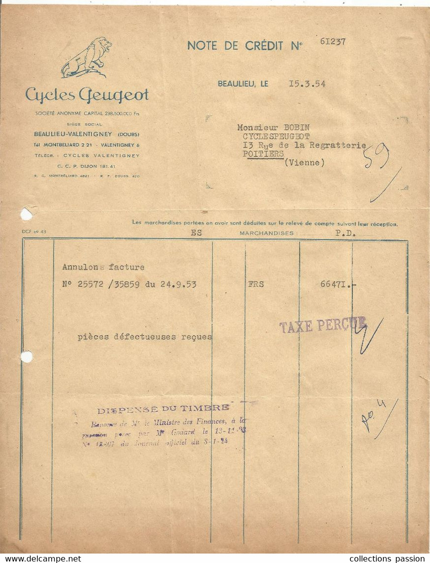 Note De Crédit , CYCLES PEUGEOT , 25 ,Beaulieu-Valentigny ,1954, Frais Fr 1.65 E - 1950 - ...