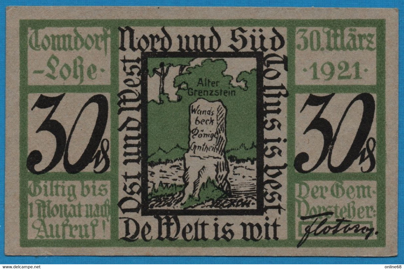 GERMANY  Tonndorf Lohe Gemeinde 30 Pfennig 30/3/1921 Ref. # 1330.1a NOTGELD - [11] Emissioni Locali