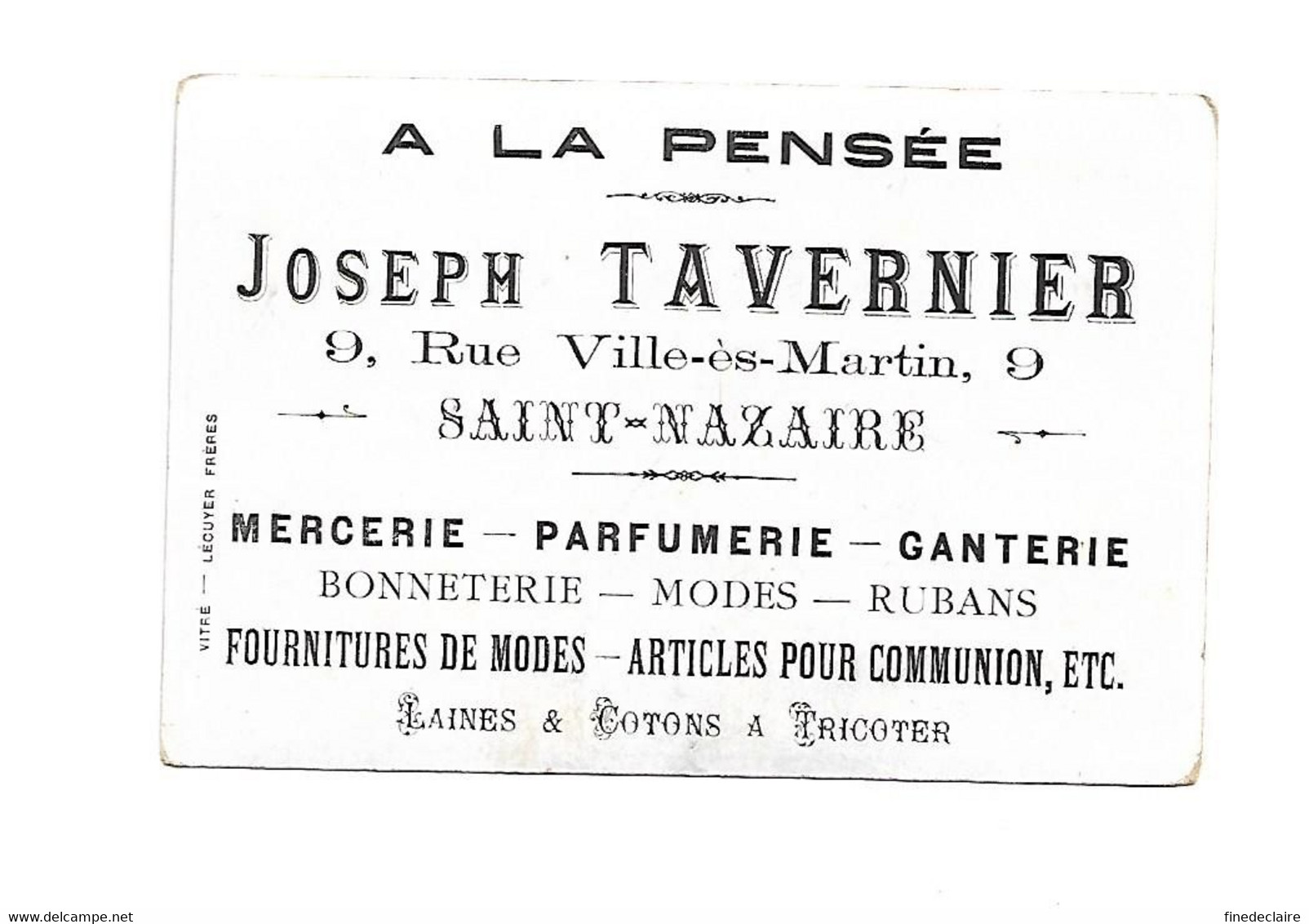 Chromo - A La Pensée, Joseph Tavernier, Saint Nazaire - Mercerie, Parfumerie, Ganterie - Andere & Zonder Classificatie