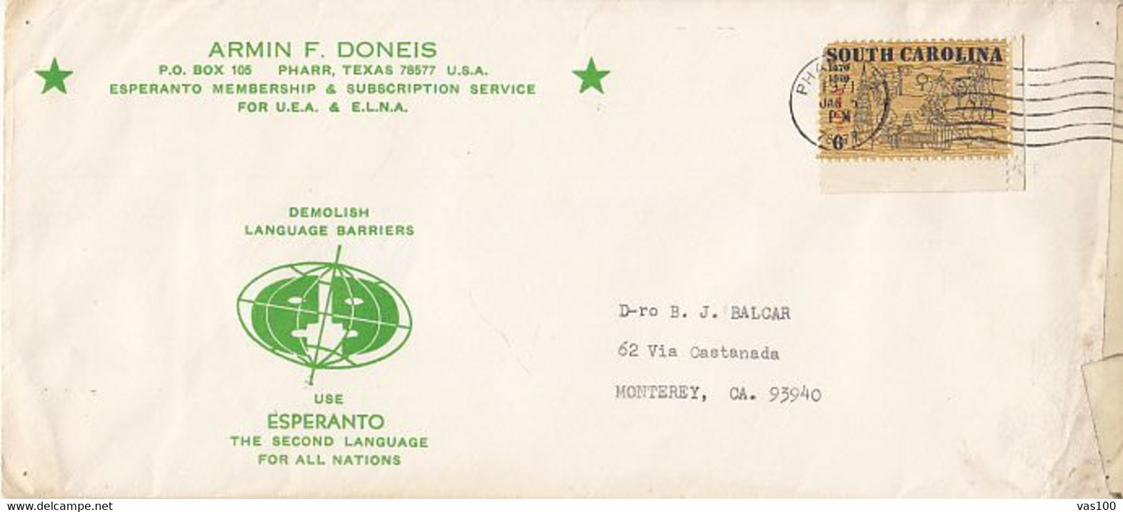 LANGUAGES, ESPERANTO INTERNATIONAL LANGUAGE, SOUTH CAROLINA STAMP, SPECIAL COVER, 1971, USA - Esperanto