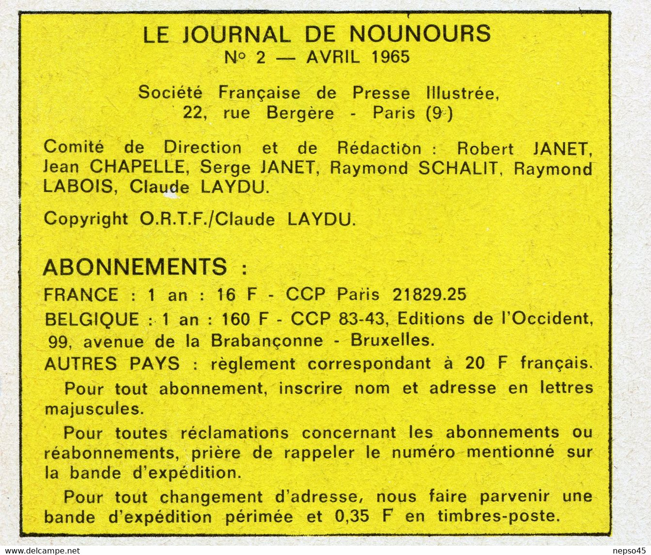 Le Journal De Nounours.bonne Nuit Les Petits.numéro 2 Avril 1965. - Collection Lectures Und Loisirs