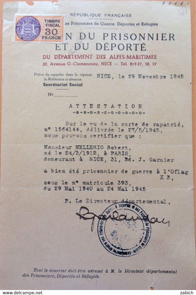 FRANCE MONACO Attestation De Prisonnier De Guerre  1940 1945 - Documenti