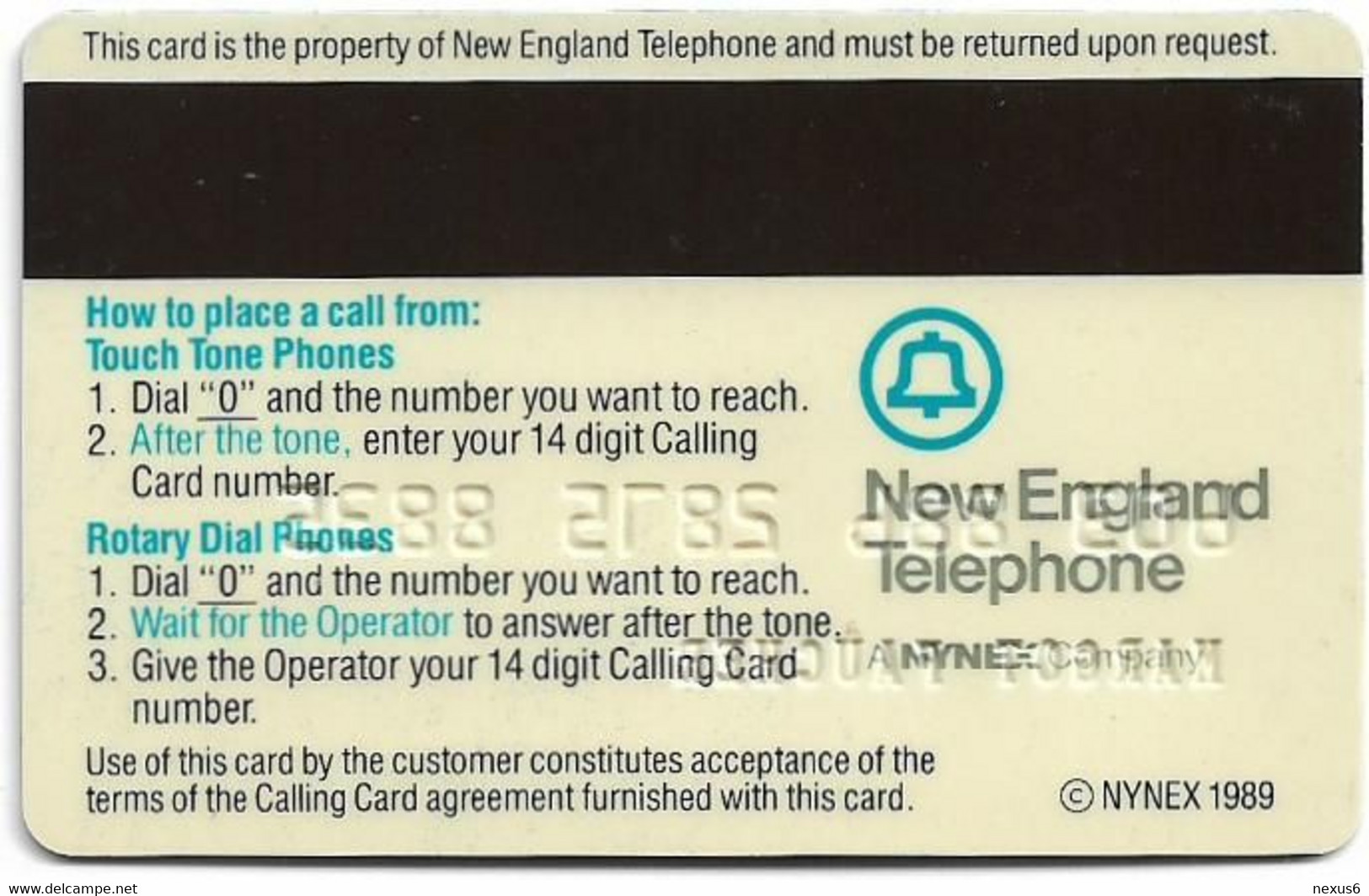 USA - Nynex - New England Telephone, User's Card, Credit Magnetic Remote, 1989, Used - Cartes Magnétiques