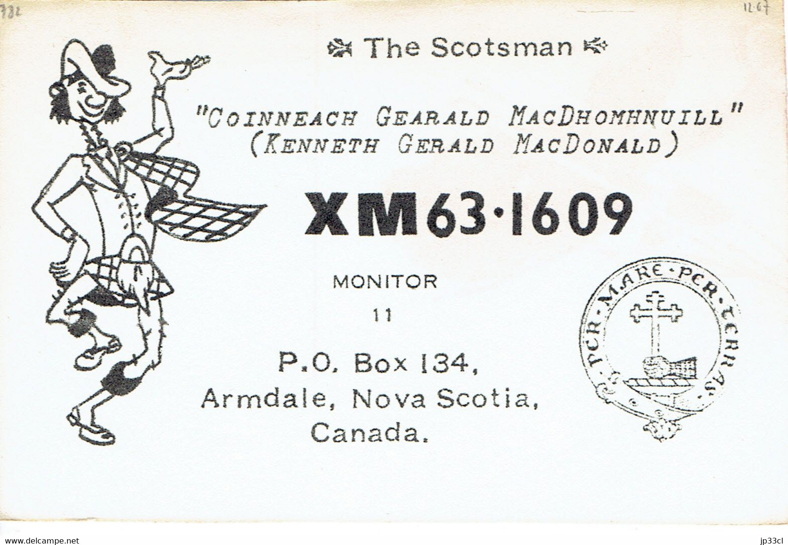 Per Mare Per Terras On Old Card From Kenneth Gerald MacDonald "The Scotsman" Armdale, Nova Scotia, Canada (Nov 1967) - CB-Funk