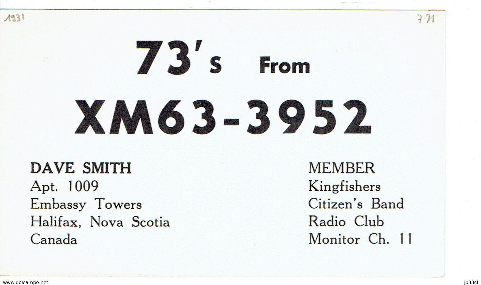 Old QSL Card From Dave Smith, Embassy Towers, Halifax, Nova Scotia, Canada (Jul 1971) - CB-Funk