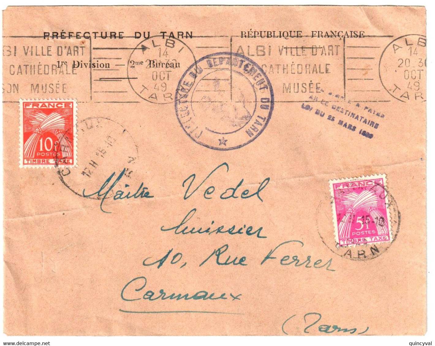 ALBI Tarn Lettre Préfecture Simple Taxe Ob 1949 Meca RBV ALB401 Date 4 Lignes Taxe Gerbes 5F 10F Yv T85 86 Ob Carmaux - 1859-1959 Cartas & Documentos