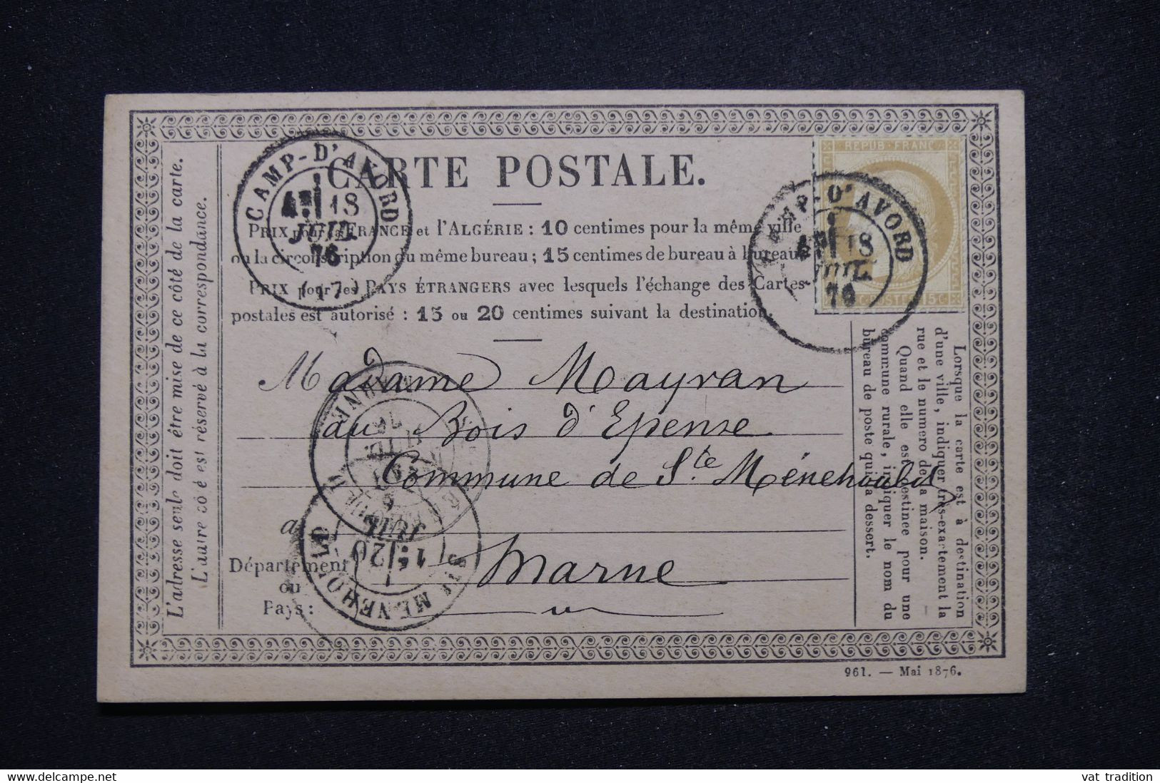 FRANCE - Carte Précurseur Du Camp D'Avord Pour Ste Menehould En 1876, Affranchissement Cérès 15ct - L 97249 - Vorläufer