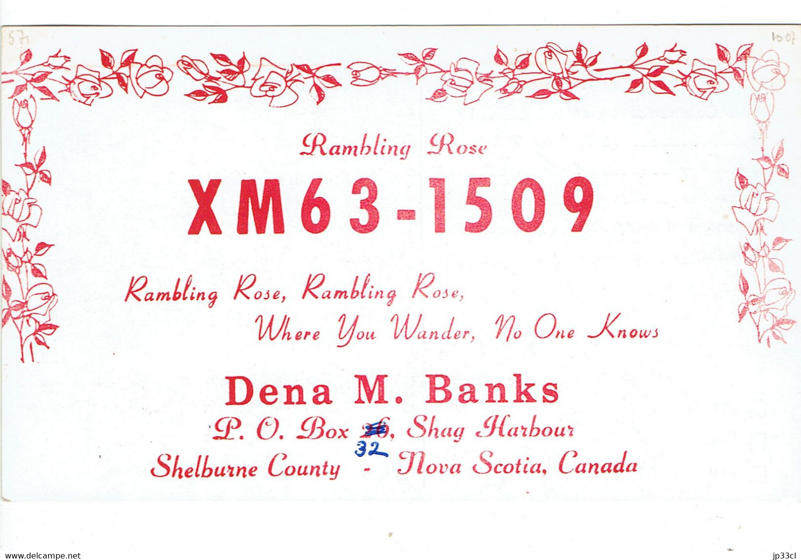 Old QSL Card From Dena M. Banks "Rambling Rose", Shag Harbour, Nova Scotia, Canada (Oct 1967) - CB