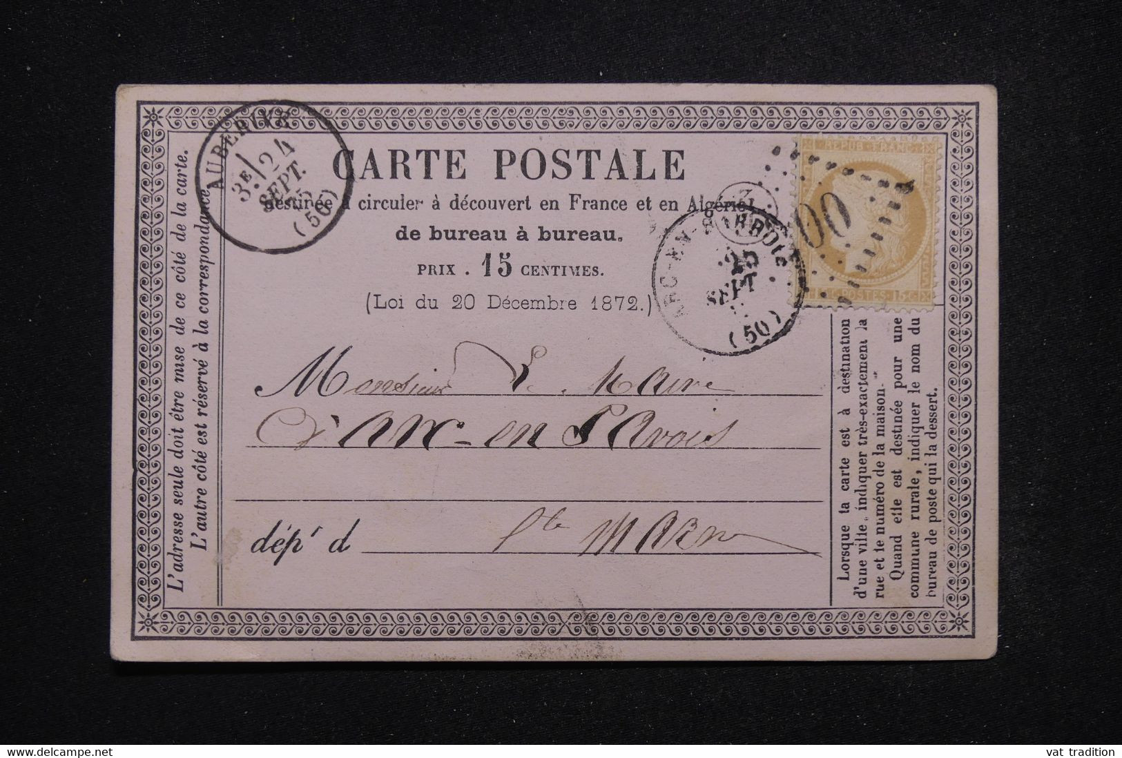 FRANCE - Carte Précurseur De Aubervive Pour Arc En Barrois En 1875, Affr. Cérès 15ct , GC 200 - L 97256 - Vorläufer