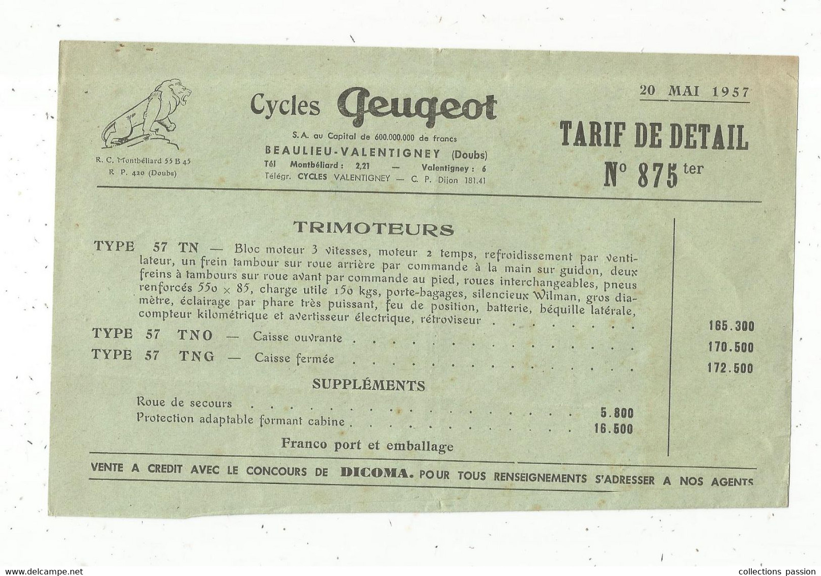 Publicité , CYCLES PEUGEOT , 25 , Beaulieu - Valentigney , 1957 , TRIPORTEURS , Tarif De Détail , Frais Fr 1.55 E - Advertising