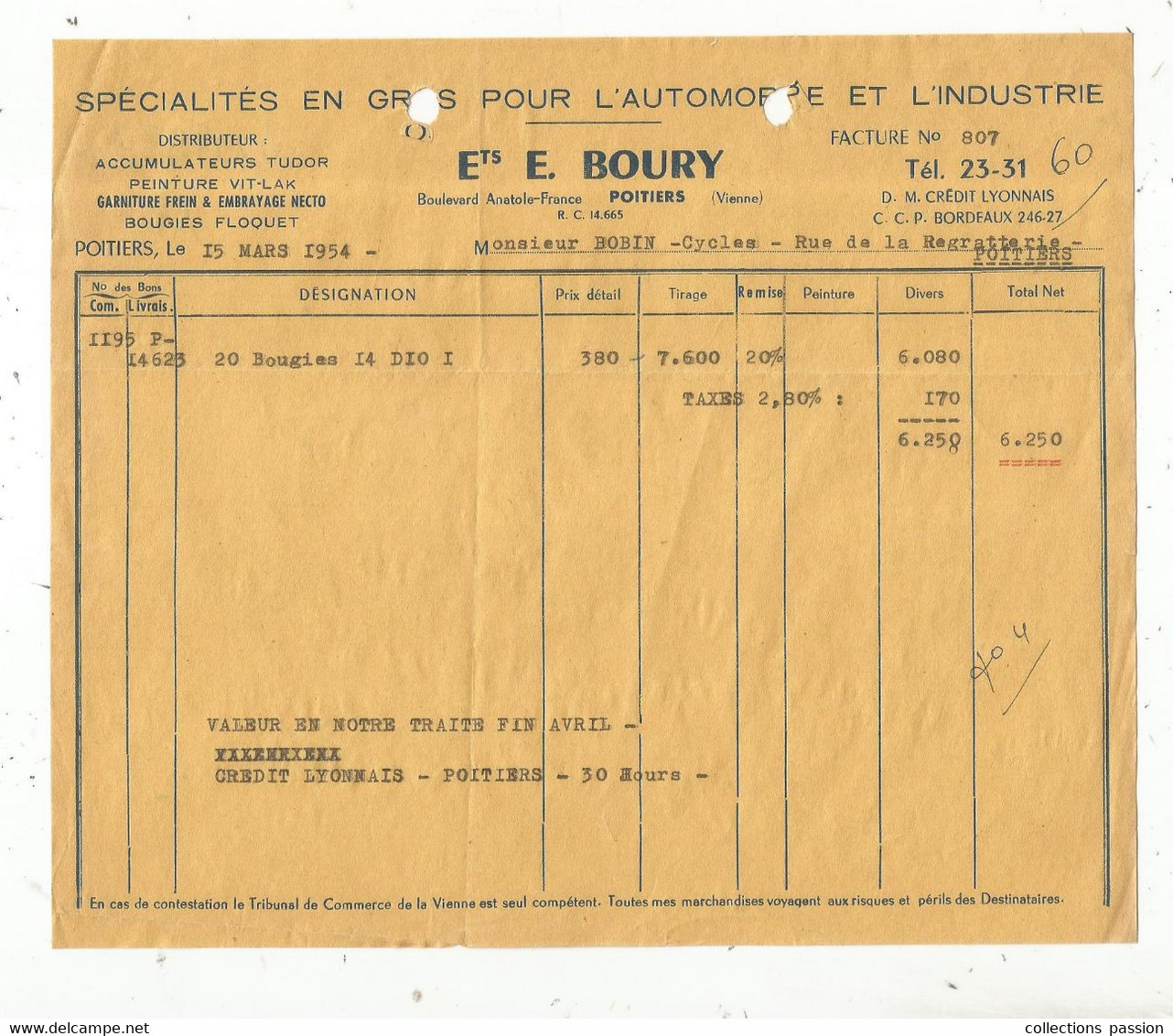 Facture , Automobile Et Industrie , Ets E. Boury , Poitiers ,Vienne , 1954 , Frais Fr 1.65 E - Cars