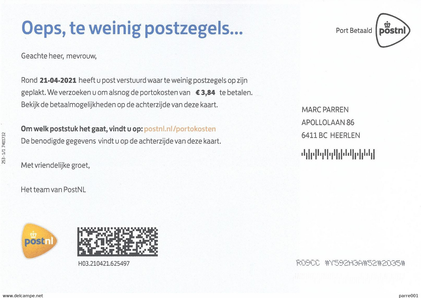 Nederland Netherlands 2021 Portkaart Postage Due Card International Postage Franked Mistaken National 1st Weight Step - Cartas