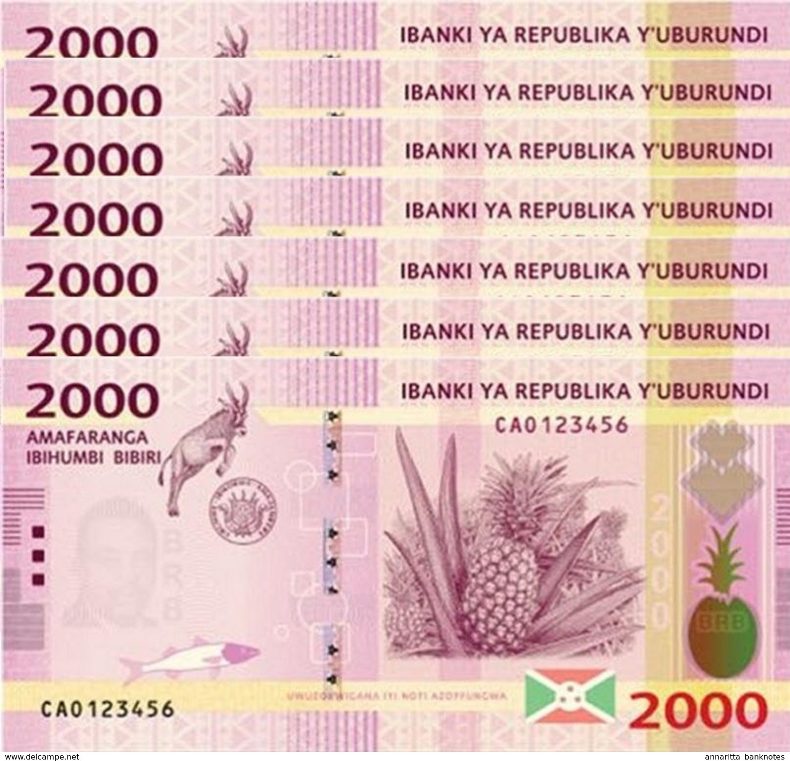 Burundi (BRB) 2000 Francs 2015 UNC 7 Pcs Cat No. P-52a / BI238a - Burundi