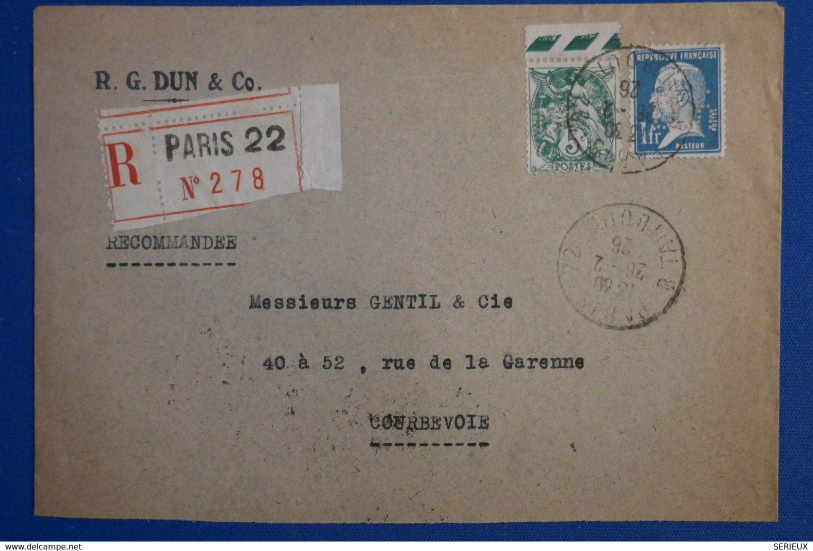 R29 FRANCE BELLE LETTRE RECOM.  PERFORATED 1926 PARIS POUR COURBEVOIE +T.P PERFORE ET BORD FEUILLE+ AFFRANCH INTERESSANT - Autres & Non Classés