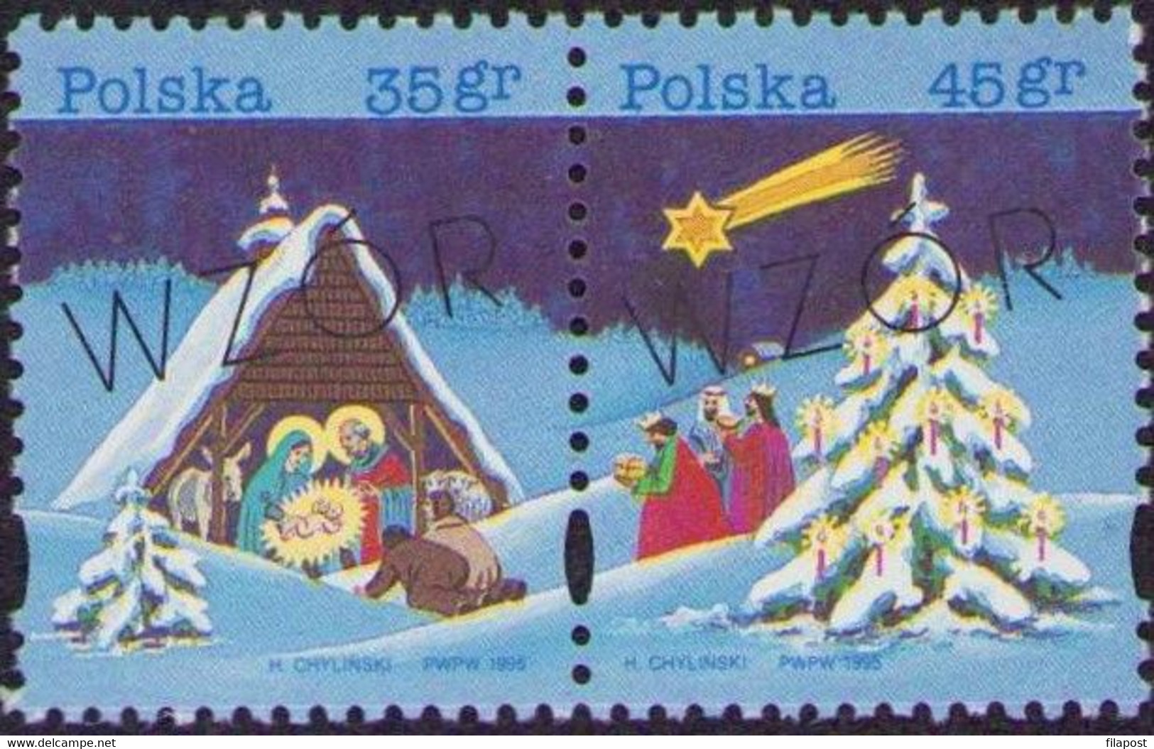 Poland 1995 SPECIMEN Christmas Celebration, Christmas Tree, Winter, Snow, Biblical Magi, Nativity Scene, Star MNH** - Plaatfouten & Curiosa