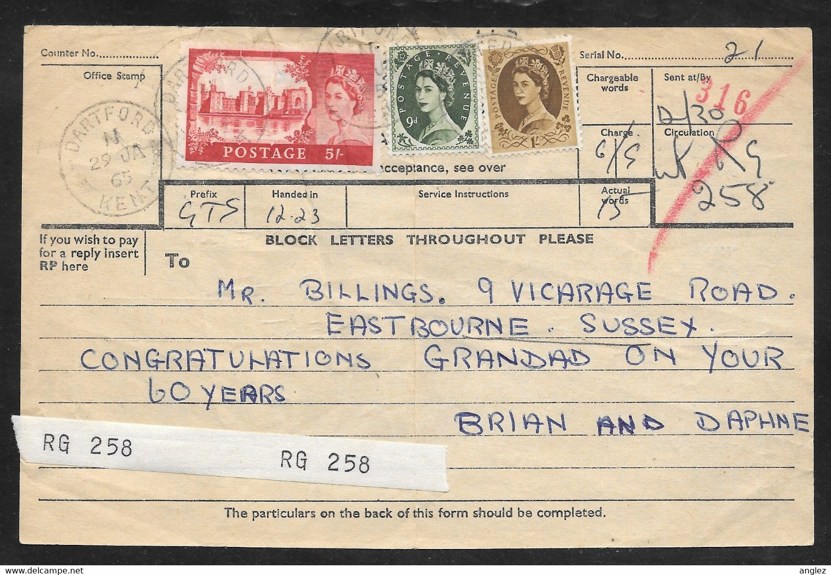 Great Britain - 1965 Telegram Receipt - Franked 6s/9d Wilding Stamps - Covers & Documents