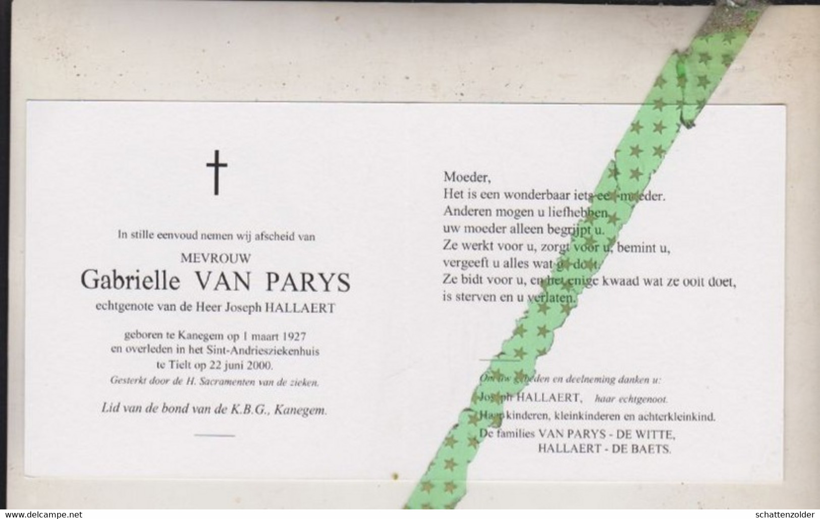 Gabrielle Van Parys-Hallaert, Kanegem 1927, Tielt 2000 - Esquela